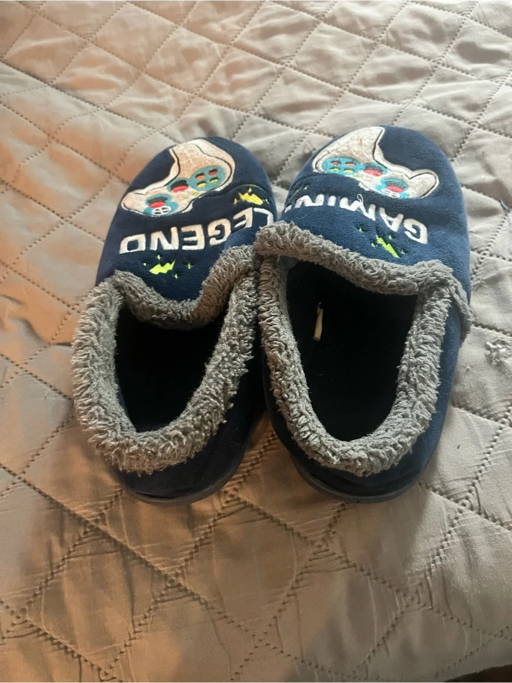 wonder nation Navy 'Gaming Legend' Kids Slippers with Gray Faux Fur Trim